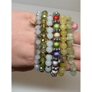 6pc Beaded Stretch Bracelet Set Yellow Bee Charm Green Chip Stone Multi Color